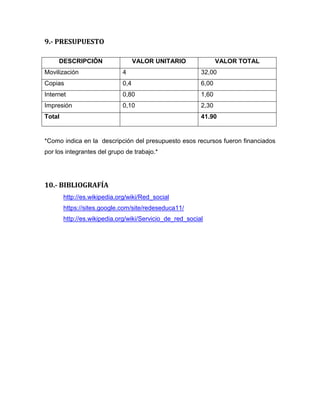 9.- PRESUPUESTO
DESCRIPCIÓN VALOR UNITARIO VALOR TOTAL
Movilización 4 32,00
Copias 0,4 6,00
Internet 0,80 1,60
Impresión 0,10 2,30
Total 41.90
*Como indica en la descripción del presupuesto esos recursos fueron financiados
por los integrantes del grupo de trabajo.*
10.- BIBLIOGRAFÍA
http://es.wikipedia.org/wiki/Red_social
https://sites.google.com/site/redeseduca11/
http://es.wikipedia.org/wiki/Servicio_de_red_social
 