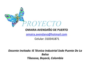PROYECTO 
OMAIRA AVENDAÑO DE PUERTO 
omaira.avendano@hotmail.com 
Celular: 310341871 
Docente invitado: IE Técnico Industrial Sede Puente De La 
Balsa 
Tibasosa, Boyacá, Colombia 
 
