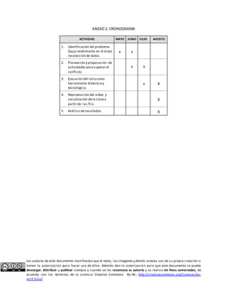 Los autores de este documento manifiestan que el texto, las imágenes y demás anexos son de su propia creación o 
tienen la autorización para hacer uso de ellos. Además dan la autorización para que este documento se pueda 
descargar, distribuir y publicar siempre y cuando se les reconozca su autoría y se realice sin fines comerciales, de 
acuerdo con los términos de la Licencia Creative Commons By-Nc: http://creativecommons.org/licenses/by-nc/ 
2.5/co/ 
ANEXO 2. CRONOGRAMA 
ACTIVIDAD MAYO JUNIO JULIO AGOSTO 
1. Identificación del problema 
(bajo rendimiento en el área) 
recolección de datos. 
x x 
2. Planeación y preparación de 
actividades para superar el 
conflicto 
X X 
3. Ejecución del rally como 
herramienta didáctica y 
tecnológica. 
x X 
4. Reproducción del video y 
socialización de la clase a 
partir de las Tics 
X 
5. Análisis de resultados X 
