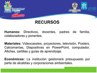 RECURSOS RECURSOS Humanos:  Directivos, docentes, padres de familia, colaboradores y ponentes. Materiales:  Videocasstes, proyectores, televisión, Posters, Calcomanías, Diapositivas en PowerPoint, computador, Afiches, cartillas y guías de aprendizaje. Económicos:  La institución gestionará presupuesto por parte de alcaldías y corporaciones ambientales.  