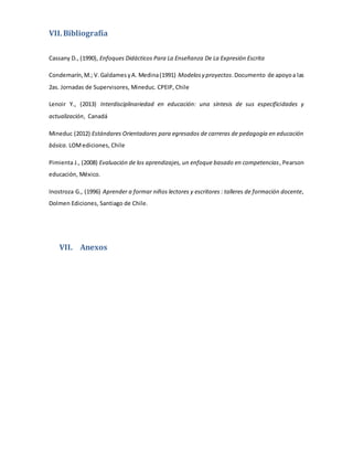 VII. Bibliografía 
Cassany D., (1990), Enfoques Didácticos Para La Enseñanza De La Expresión Escrita 
Condemarín, M.; V. Galdames y A. Medina (1991) Modelos y proyectos. Documento de apoyo a las 
2as. Jornadas de Supervisores, Mineduc. CPEIP, Chile 
Lenoir Y., (2013) Interdisciplinariedad en educación: una síntesis de sus especificidades y 
actualización, Canadá 
Mineduc (2012) Estándares Orientadores para egresados de carreras de pedagogía en educación 
básica. LOM ediciones, Chile 
Pimienta J., (2008) Evaluación de los aprendizajes, un enfoque basado en competencias, Pearson 
educación, México. 
Inostroza G., (1996) Aprender a formar niños lectores y escritores : talleres de formación docente, 
Dolmen Ediciones, Santiago de Chile. 
VII. Anexos 
 