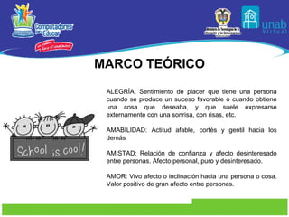 MARCO TEÓRICO ALEGRÍA:  Sentimiento de placer que tiene una persona cuando se produce un suceso favorable o cuando obtiene una cosa que deseaba, y que suele expresarse externamente con una sonrisa, con risas, etc.   AMABILIDAD:  Actitud afable, cortés y gentil hacia los demás   AMISTAD:  Relación de confianza y afecto desinteresado entre personas. Afecto personal, puro y desinteresado. AMOR:  Vivo afecto o inclinación hacia una persona o cosa. Valor positivo de gran afecto entre personas. 