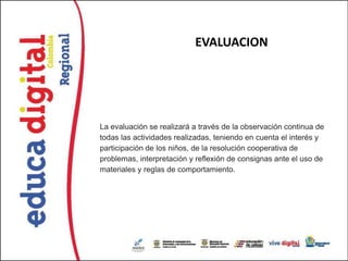 EVALUACION




La evaluación se realizará a través de la observación continua de
todas las actividades realizadas, teniendo en cuenta el interés y
participación de los niños, de la resolución cooperativa de
problemas, interpretación y reflexión de consignas ante el uso de
materiales y reglas de comportamiento.
 