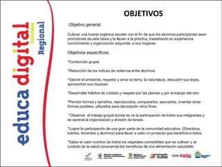 OBJETIVOS
Objetivo general:

Cultivar una huerta orgánica escolar con el fin de que los alumnos participantes sean
promotores de esta tarea y la lleven a la práctica, trasladando su experiencia,
conocimiento y organización adquirida, a sus hogares.

Objetivos específicos:

*Contención grupal.

*Reducción de los índices de violencia entre alumnos.

*Valorar el ambiente, respetar y amar la tierra, la naturaleza, descubrir sus leyes,
aprovechar sus riquezas.

*Desarrollar hábitos de cuidado y respeto por las plantas y por el trabajo del otro.

*Percibir formas y tamaños, reproducirlos, compararlos, asociarlos; inventar otras
formas posibles, utilizarlos para decoración otros fines.

 *Observar el trabajo grupal donde se ve la participación de todos sus integrantes y
se aprecie la organización y división de tareas.

*Lograr la participación de una gran parte de la comunidad educativa. (Directivos,
tutores, docentes y alumnos) para llevar a cabo un proyecto que beneficia a todos.

*Saber el valor nutritivo de todos los vegetales comestibles que se cultivan y el
cuidado de la salud conociendo los beneficios de una alimentación saludable.
 