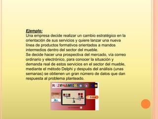 Ejemplo:
Una empresa decide realizar un cambio estratégico en la
orientación de sus servicios y quiere lanzar una nueva
línea de productos formativos orientados a mandos
intermedios dentro del sector del mueble.
Se decide hacer una prospectiva del mercado, vía correo
ordinario y electrónico, para conocer la situación y
demanda real de estos servicios en el sector del mueble,
mediante el método Delphi y después del análisis (unas
semanas) se obtienen un gran número de datos que dan
respuesta al problema planteado.

 