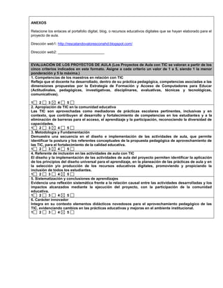 ANEXOS 
Relacione los enlaces al portafolio digital, blog, o recursos educativos digitales que se hayan elaborado para el 
proyecto de aula. 
Dirección web1: http://rescatandovaloresconahd.blogspot.com/ 
Dirección web2: _______________________ 
EVALUACIÓN DE LOS PROYECTOS DE AULA (Los Proyectos de Aula con TIC se valoran a partir de los 
cinco criterios indicados en este formato. Asigne a cada criterio un valor de 1 a 5, siendo 1 la menor 
ponderación y 5 la máxima.) 
1. Competencias de los maestros en relación con TIC 
Refleja que el docente ha desarrollado, dentro de su práctica pedagógica, competencias asociadas a las 
dimensiones propuestas por la Estrategia de Formación y Acceso de Computadores para Educar 
(Actitudinales, pedagógicas, investigativas, disciplinares, evaluativas, técnicas y tecnológicas, 
comunicativas). 
1 2 3 4 5 
2. Apropiación de TIC en la comunidad educativa 
Las TIC son aprovechadas como mediadoras de prácticas escolares pertinentes, inclusivas y en 
contexto, que contribuyen al desarrollo y fortalecimiento de competencias en los estudiantes y a la 
eliminación de barreras para el acceso, el aprendizaje y la participación, reconociendo la diversidad de 
capacidades. 
1 2 3 4 5 
3. Metodología y Fundamentación 
Demuestra una secuencia en el diseño e implementación de las actividades de aula, que permite 
identificar la postura y los referentes conceptuales de la propuesta pedagógica de aprovechamiento de 
las TIC, para el fortalecimiento de la calidad educativa. 
1 2 3 4 5 
4. Referente de inclusión en las actividades de aula con TIC 
El diseño y la implementación de las actividades de aula del proyecto permiten identificar la aplicación 
de los principios del diseño universal para el aprendizaje, en la planeación de las prácticas de aula y en 
la selección y/o producción de los recursos educativos digitales, promoviendo y propiciando la 
inclusión de todos los estudiantes. 
1 2 3 4 5 
5. Sistematización y conclusiones de aprendizajes 
Evidencia una reflexión sistemática frente a la relación causal entre las actividades desarrolladas y los 
impactos alcanzados mediante la ejecución del proyecto, con la participación de la comunidad 
educativa. 
1 2 3 4 5 
6. Carácter innovador 
Integra en su contexto elementos didácticos novedosos para el aprovechamiento pedagógico de las 
TIC, evidenciando cambios en las prácticas educativas y mejoras en el ambiente institucional. 
1 2 3 4 5 
 