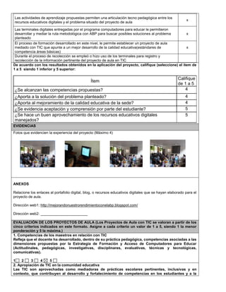 Las actividades de aprendizaje propuestas permiten una articulación tecno pedagógica entre los 
recursos educativos digitales y el problema situado del proyecto de aula 
x 
Las terminales digitales entregadas por el programa computadores para educar le permitieron 
desarrollar y mediar la ruta metodológica con ABP para buscar posibles soluciones al problema 
planteado 
x 
El proceso de formación desarrollado en este nivel, le permite establecer un proyecto de aula 
mediado con TIC que apunte a un mejor desarrollo de la calidad educativa(estándares de 
competencia áreas básicas) 
x 
Durante el proceso de recolección se empleó o hizo uso de los terminales para registro y 
recolección de la información pertinente del proyecto de aula en TIC 
De acuerdo con los resultados obtenidos en la aplicación del proyecto, califique (seleccione) el ítem de 
1 a 5 siendo 1 inferior y 5 superior: 
Ítem 
Califique 
de 1 a 5 
¿Se alcanzan las competencias propuestas? 4 
¿Aporta a la solución del problema planteado? 4 
¿Aporta al mejoramiento de la calidad educativa de la sede? 4 
¿Se evidencia aceptación y comprensión por parte del estudiante? 5 
¿Se hace un buen aprovechamiento de los recursos educativos digitales 
5 
manejados? 
EVIDENCIAS 
Fotos que evidencien la experiencia del proyecto (Máximo 4) 
ANEXOS 
Relacione los enlaces al portafolio digital, blog, o recursos educativos digitales que se hayan elaborado para el 
proyecto de aula. 
Dirección web1: http://mejorandonuestrorendimientoconelabp.blogspot.com/ 
Dirección web2: _______________________ 
EVALUACIÓN DE LOS PROYECTOS DE AULA (Los Proyectos de Aula con TIC se valoran a partir de los 
cinco criterios indicados en este formato. Asigne a cada criterio un valor de 1 a 5, siendo 1 la menor 
ponderación y 5 la máxima.) 
1. Competencias de los maestros en relación con TIC 
Refleja que el docente ha desarrollado, dentro de su práctica pedagógica, competencias asociadas a las 
dimensiones propuestas por la Estrategia de Formación y Acceso de Computadores para Educar 
(Actitudinales, pedagógicas, investigativas, disciplinares, evaluativas, técnicas y tecnológicas, 
comunicativas). 
1 2 3 4 5 
2. Apropiación de TIC en la comunidad educativa 
Las TIC son aprovechadas como mediadoras de prácticas escolares pertinentes, inclusivas y en 
contexto, que contribuyen al desarrollo y fortalecimiento de competencias en los estudiantes y a la 
 