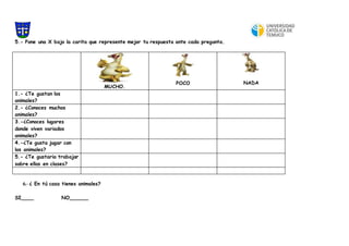 5.- Pone una X bajo la carita que represente mejor tu respuesta ante cada pregunta.
MUCHO.
POCO NADA
1.- ¿Te gustan los
animales?
2.- ¿Conoces muchos
animales?
3.-¿Conoces lugares
donde viven variados
animales?
4.-¿Te gusta jugar con
los animales?
5.- ¿Te gustaria trabajar
sobre ellos en clases?
6.- ¿ En tú casa tienes animales?
SI____ NO______
 
