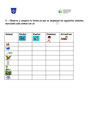 2.- Observa y compara la forma en que se desplazan los siguientes animales,
marcando cada animal con un
Animal Nadan Vuelan Caminan Arrastran
 