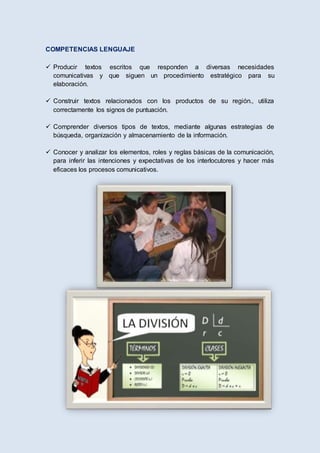 COMPETENCIAS LENGUAJE
 Producir textos escritos que responden a diversas necesidades
comunicativas y que siguen un procedimiento estratégico para su
elaboración.
 Construir textos relacionados con los productos de su región., utiliza
correctamente los signos de puntuación.
 Comprender diversos tipos de textos, mediante algunas estrategias de
búsqueda, organización y almacenamiento de la información.
 Conocer y analizar los elementos, roles y reglas básicas de la comunicación,
para inferir las intenciones y expectativas de los interlocutores y hacer más
eficaces los procesos comunicativos.
 