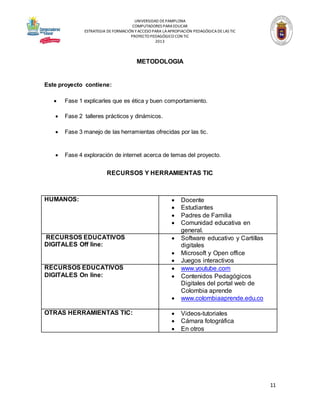 UNIVERSIDAD DE PAMPLONA
COMPUTADORES PARA EDUCAR
ESTRATEGIA DE FORMACIÓN Y ACCESO PARA LA APROPIACIÓN PEDAGÓGICA DE LAS TIC
PROYECTO PEDAGÓGICO CON TIC
2013

METODOLOGIA

Este proyecto contiene:


Fase 1 explicarles que es ética y buen comportamiento.



Fase 2 talleres prácticos y dinámicos.



Fase 3 manejo de las herramientas ofrecidas por las tic.



Fase 4 exploración de internet acerca de temas del proyecto.

RECURSOS Y HERRAMIENTAS TIC

HUMANOS:






RECURSOS EDUCATIVOS
DIGITALES Off line:





RECURSOS EDUCATIVOS
DIGITALES On line:

OTRAS HERRAMIENTAS TIC:

Docente
Estudiantes
Padres de Familia
Comunidad educativa en
general.
Software educativo y Cartillas
digitales
Microsoft y Open office
Juegos interactivos
www.youtube.com
Contenidos Pedagógicos
Digitales del portal web de
Colombia aprende
www.colombiaaprende.edu.co





Videos-tutoriales
Cámara fotográfica
En otros






11

 