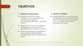 OBJETIVOS
 OBJETIVO GENERAL
 Implementar las tic en el proceso
de enseñanza- aprendizaje de la
informática básica en los grados
3°, 4° y 5° del Antonio Abad
Hinestroza de Atrato
 OBJETIVOS ESPECIFICOS
 Identificar las dificultades
halladas en la mala utilización
que hacen los grados
mencionados del ABAD al utilizar
las TIC.
 Utilizar las TIC como herramientas
pedagógicas de apoyo en el
desarrollo de las clases en el aula.
 Ofrecer estrategias pedagógicas
para facilitar el aprendizaje y
manejo de las TIC en el quehacer
diario.
VIAJANDO CON LAS TIC´S POR LOS GRADOS 3° 4° Y 5° DIPLOMADO DE COMPUTADORES PARA EDUCAR ATRATO - CHOCÓ 2014
11
 