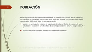 POBLACIÓN
Es el conjunto sobre el que estamos interesados en obtener conclusiones (hacer inferencia).
Normalmente es demasiado grande para poder abarcarlo. En este caso tomamos los grados
mencionados del Antonio Abad Hinestroza de Atrato.
 Muestra es un conjunto, extraído de la población (mediante técnica de muestreo), cuyo
estudio sirve para inferir características de toda la población. Se tomaron los grados 3, 4, y
5.
 Individuo es cada uno de los elementos que forman la población.
VIAJANDO CON LAS TIC´S POR LOS GRADOS 3° 4° Y 5° DIPLOMADO DE COMPUTADORES PARA EDUCAR ATRATO - CHOCÓ 2014
25
 