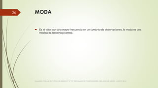 MODA
 Es el valor con una mayor frecuencia en un conjunto de observaciones, la moda es una
medida de tendencia central.
VIAJANDO CON LAS TIC´S POR LOS GRADOS 3° 4° Y 5° DIPLOMADO DE COMPUTADORES PARA EDUCAR ATRATO - CHOCÓ 2014
26
 