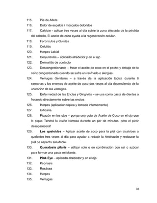 115. Pie de Atleta 
116. Dolor de espalda / músculos doloridos 
117. Calvicie - aplicar tres veces al día sobre la zona afectada de la pérdida 
38 
del cabello. El aceite de coco ayuda a la regeneración celular. 
118. Forúnculos y Quistes 
119. Celulitis 
120. Herpes Labial 
121. Conjuntivitis – aplicado alrededor y en el ojo 
122. Dermatitis de contacto 
123. Descongestionante – frotar el aceite de coco en el pecho y debajo de la 
nariz congestionada cuando se sufre un resfriado o alergias. 
124. Verrugas Genitales – a través de la aplicación tópica durante 6 
semanas y los enemas de aceite de coco dos veces al día dependiendo de la 
ubicación de las verrugas. 
125. Enfermedad de las Encías y Gingivitis – se usa como pasta de dientes o 
frotando directamente sobre las encías 
126. Herpes (aplicación tópica y tomado internamente) 
127. Urticaria 
128. Picazón en los ojos – ponga una gota de Aceite de Coco en el ojo que 
le pique. Tendrá la visión borrosa durante un par de minutos, pero el picor 
desaparecerá! 
129. Los queloides – Aplicar aceite de coco para la piel con cicatrices o 
queloides tres veces al día para ayudar a reducir la hinchazón y restaurar la 
piel de aspecto saludable. 
130. Queratosis pilaris – utilizar solo o en combinación con sal o azúcar 
para formar una pasta exfoliante. 
131. Pink Eye – aplicado alrededor y en el ojo 
132. Psoriasis 
133. Rosácea 
134. Herpes 
135. Verrugas 
 
