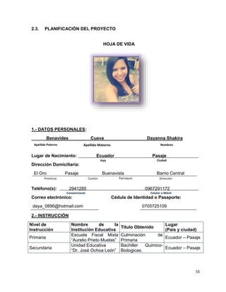 55 
2.3. PLANIFICACIÓN DEL PROYECTO 
HOJA DE VIDA 
1.- DATOS PERSONALES: 
______Benavides Cueva Dayanna Shakira 
Apellido Paterno Apellido Materno Nombres 
Lugar de Nacimiento: Ecuador Pasaje 
Dirección Domiciliaria: 
País Ciudad 
El Oro Pasaje Buenavista Barrio Central 
Provincia Cantón Parroquia Dirección 
Teléfono(s): 2941285 0967291172 
Convencional Celular o Móvil 
Correo electrónico: Cédula de Identidad o Pasaporte: 
daya_0896@hotmail.com 0705725109 
2.- INSTRUCCIÓN 
Nivel de 
Instrucción 
Nombre de la 
Institución Educativa 
Título Obtenido 
Lugar 
(País y ciudad) 
Primaria 
Escuela Fiscal Mixta 
“Aurelio Prieto Muelas” 
Culminación de 
Primaria 
Ecuador – Pasaje 
Secundaria 
Unidad Educativa 
“Dr. José Ochoa León” 
Bachiller Quimico- 
Biologicas. 
Ecuador – Pasaje 
 