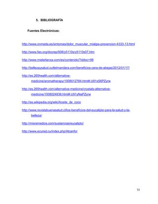 72 
5. BIBLIOGRAFÍA 
Fuentes Electrónicas: 
http://www.onmeda.es/sintomas/dolor_muscular_mialgia-prevencion-4333-13.html 
http://www.fao.org/docrep/008/y5110s/y5110s07.htm 
http://www.mielarlanza.com/es/contenido/?iddoc=98 
http://bellezaysalud.outletmandara.com/beneficios-cera-de-abejas/2012/01/17/ 
http://es.265health.com/alternative-medicine/ 
aromatherapy/1008012784.html#.U91xS6PZyrw 
http://es.265health.com/alternative-medicine/crystals-alternative-medicine/ 
1008024836.html#.U91yNaPZyrw 
http://es.wikipedia.org/wiki/Aceite_de_coco 
http://www.revistabuenasalud.cl/los-beneficios-del-eucalipto-para-la-salud-y-la-belleza/ 
http://misremedios.com/sustancias/eucalipto/ 
http://www.ecured.cu/index.php/Alcanfor 
 