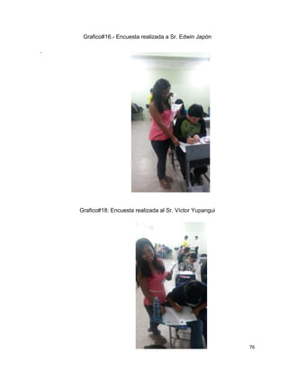 76 
Grafico#16.- Encuesta realizada a Sr. Edwin Japón 
. 
Grafico#18: Encuesta realizada al Sr. Víctor Yupangui 
 