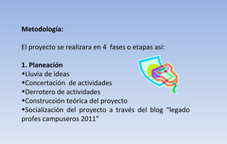 Metodología:  El proyecto se realizara en 4  fases o etapas así: 1. Planeación Lluvia de ideas Concertación  de actividades Derrotero de actividades Construcción teórica del proyecto Socialización del proyecto a través del blog “legado profes campuseros 2011”  
