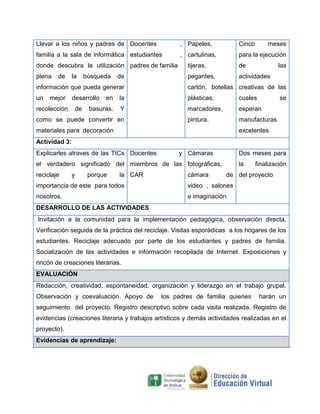 Llevar a los niños y padres de Docentes             , Papeles,           Cinco       meses
familia a la sala de informática estudiantes        , cartulinas,        para la ejecución
donde descubra la utilización padres de familia        tijeras,          de              las
plena   de     la       búsqueda    de                 pegantes,         actividades
información que pueda generar                          cartón, botellas creativas de las
un   mejor     desarrollo     en    la                 plásticas,        cuales           se
recolección        de    basuras.   Y                  marcadores,       esperan
como se puede convertir en                             pintura.          manufacturas
materiales para decoración                                               excelentes
Actividad 3:
Explicarles atraves de las TICs Docentes           y Cámaras             Dos meses para
el verdadero significado del miembros de las fotográficas,               la      finalización
reciclaje      y         porque     la CAR             cámara        de del proyecto
importancia de este para todos                         video , salones
nosotros.                                              e imaginación
DESARROLLO DE LAS ACTIVIDADES
Invitación a la comunidad para la implementación pedagógica, observación directa,
Verificación seguida de la práctica del reciclaje. Visitas esporádicas a los hogares de los
estudiantes. Reciclaje adecuado por parte de los estudiantes y padres de familia.
Socialización de las actividades e información recopilada de Internet. Exposiciones y
rincón de creaciones literarias.
EVALUACIÓN
Redacción, creatividad, espontaneidad, organización y liderazgo en el trabajo grupal.
Observación y coevaluación. Apoyo de         los padres de familia quienes        harán un
seguimiento del proyecto. Registro descriptivo sobre cada visita realizada. Registro de
evidencias (creaciones literaria y trabajos artísticos y demás actividades realizadas en el
proyecto).
Evidencias de aprendizaje:
 