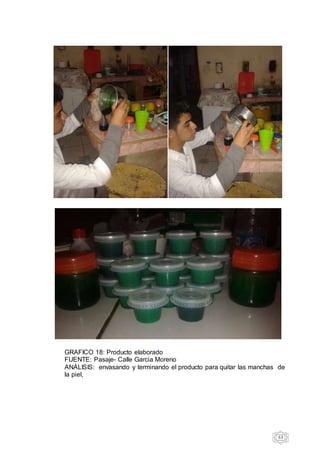 63
GRAFICO 18: Producto elaborado
FUENTE: Pasaje- Calle Garcia Moreno
ANÁLISIS: envasando y terminando el producto para quitar las manchas de
la piel,
 