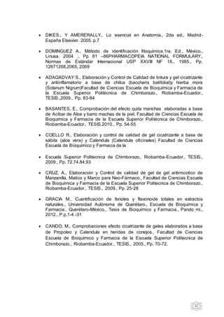 65
 DIKES., Y AMERERALLY., Lo esencial en Anatomía., 2da ed., Madrid-
España Elsevier. 2005. p.7
 DOMINGUEZ A., Método de identificación fitoquímica.1ra. Ed., México.,
Linusa. 2004 ., Pp 81 –86PHARMACOPEIA NATIONAL FORMULARY.,
Normas de Estándar Internacional USP XXVIII NF 18., 1985., Pp.
12671268,2065, 2069
 ADAGADVAY S., Elaboración y Control de Calidad de tintura y gel cicatrizante
y antiinflamatorio a base de chilca (baccharis batifolial)y hierba mora
(Solanum Nigrum)Facultad de Ciencias Escuela de Bioquímica y Farmacia de
la Escuela Superior Politécnica de Chimborazo., Riobamba-Ecuador.,
TESIS.,2009., Pp. 83-84
 BASANTES, E., Comprobación del efecto quita manchas elaboradas a base
de Acíbar de Aloe y barro machas de la piel. Facultad de Ciencias Escuela de
Bioquímica y Farmacia de la Escuela Superior Politécnica de Chimborazo.,
Riobamba-Ecuador., TESIS.2010., Pp. 54-55
 COELLO R., Elaboración y control de calidad de gel cicatrizante a base de
sábila (aloe vera) y Calendula (Calendula oficinales) Facultad de Ciencias
Escuela de Bioquímico y Farmacia de la
 Escuela Superior Politecnica de Chimborazo., Riobamba-Ecuador., TESIS.,
2009., Pp. 72.74.84,93
 CRUZ, A., Elaboración y Control de calidad de gel de gel antimicotico de
Manzanilla, Matico y Marco para Neo-Fármaco., Facultad de Ciencias Escuela
de Bioquímica y Farmacia de la Escuela Superior Politecnica de Chimborazo.,
Riobamba-Ecuador., TESIS., 2009., Pp. 25-28
 GRACIA M., Cuantificación de fenoles y flavonoide totales en extractos
naturales., Universidad Autónoma de Querétaro., Escuela de Bioquímica y
Farmacia., Querétaro-México., Tesis de Bioquímico y Farmacia., Pando mi.,
2012., P.p.1-4 -31
 CANDO, M., Comprobaciones efecto cicatrizante de geles elaborados a base
de Propoleo y Calendula en heridas de conejos., Facultad de Ciencias
Escuela de Bioquímico y Farmacia de la Escuela Superior Politecnica de
Chimborazo., Riobamba-Ecuador., TESIS., 2005., Pp. 70-72.
 
