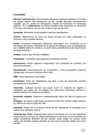 66
6 GLOSARIO
Aleurona (gránulos de). Características estructuras proteicas presentes en la capa
de células exterior del endosperma de las semillas llamadas endospérmicas
(aquellas que no pierden el endospermo, durante su formación) de numerosas
especies. En el endosperma de muchas semillas estas estructuras se encuentran
en la capa más exterior, que por ello se llama "capa de aleurona"
Ameboide. Movimiento de alimentación mediante pseudópodos.
Amento. Inflorescencia en forma de espiga formada por flores unisexuales, se
encuentra sólo en plantas leñosas.
Amida. Compuesto nitrogenado (glutamina, asparragina, etc.) producidos por la
asimilación del amonio procedente de la fijación de nitrógeno y que so transportados
por el xilema desde los nódulos a la parte aérea, generalmente en las leguminosas
de origen templado.
Amilasa. Enzima que hidroliza el almidón.
Amiloplasto. Leucoplasto especializado en almacenar almidón.
Aminoácidos. Ácidos orgánicos nitrogenados, que constituyen las unidades, que
forman las proteínas.
Amonificación. Descomposición de aminoácidos y otros compuestos orgánicos
nitrogenados en la que se produce NH3 o NH4+.
AMP. Veáse adenosina mono fosfato
Anabolismo. Parte del metabolismo, que lleva a cabo las reacciones químicas
encargadas de la biosíntesis.
Anaerobio. Cualquier proceso que puede ocurrir en ausencia de oxígeno, u
organismo que puede vivir sin oxígeno; los organismos anaerobios estrictos no
pueden sobrevivir en presencia de oxígeno.
Anaerobio obligado. Organismo metabólicamente activo tan sólo en ausencia de
O2.
Análogos. Se aplica a estructuras con función similar pero distinto origen evolutivo.
Ej.: filodios de acacia y hojas de roble.
Anatomía. Estudio de la estructura interna de los organismos; la morfología es el
estudio de la estructura externa.
Anatomía tipo Kranz. Anatomía foliar típica de las plantas C4, con una disposición
especial de los dos tipos de células fotosintéticas en forma de corona, formando dos
capas concéntricas alrededor del haz vascular, estas células se conocen como
células del mesófilo situadas alrededor de una capa de grandes células de la vaina
vascular.
 
