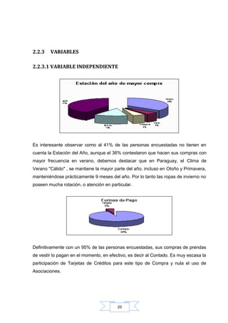 2.2.3

VARIABLES

2.2.3.1 VARIABLE INDEPENDIENTE

Es interesante observar como al 41% de las personas encuestadas no tienen en
cuenta la Estación del Año, aunque el 36% contestaron que hacen sus compras con
mayor frecuencia en verano, debemos destacar que en Paraguay, el Clima de
Verano "Cálido" , se mantiene la mayor parte del año, incluso en Otoño y Primavera,
manteniéndose prácticamente 9 meses del año. Por lo tanto las ropas de invierno no
poseen mucha rotación, o atención en particular.

Definitivamente con un 95% de las personas encuestadas, sus compras de prendas
de vestir lo pagan en el momento, en efectivo, es decir al Contado. Es muy escasa la
participación de Tarjetas de Créditos para este tipo de Compra y nula el uso de
Asociaciones.

20

 