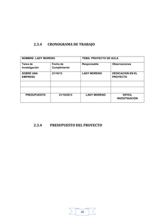 2.3.4

CRONOGRAMA DE TRABAJO

NOMBRE: LADY MORENO

TEMA: PROYECTO DE AULA

Tarea de
Investigación

Fecha de
Cumplimiento

Responsable

Observaciones

SOBRE UNA
EMPRESA

21/10/13

LADY MORENO

DEDICACION EN EL
PROYECTO

PRESUPUESTO

2.3.4

21/10/2013

LADY MORENO

PRESUPUESTO DEL PROYECTO

20

DIFICIL
INVESTIGACION

 