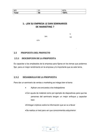 NO
Total

31
50

62%
100%

.

1.- ¿EN SU EMPRESA LE DAN SEMINARIOS
DE MARKETING ?
SI
38%

NO

62%

.

2.5
2.5.1

PROPUESTA DEL PROYECTO
DESCRIPCION DE LA PROPUESTA

Es capacitar a los empleados de la empresa para fijarse en los temas que podemos
fijar, para un mejor rendimiento en la empresa y lo importante que es este tema.

2.5.2

DESARROLLO DE LA PROPUESTA

Para dar un seminario de ventas o marketing se indaga bien el tema
•

Aplicar una encuesta a los trabajadores

• Con ayuda de material como por ejemplo de diapositivas para que las
personas del seminario tengan un mejor enfoque y capacitar
bien
• Entregar crípticos sobre la información que se va a llevar
• Se realiza un test para ver que conocimientos adquirieron

20

 