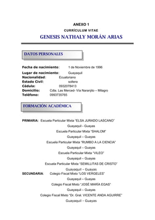 ANEXO 1
CURRÍCULUM VITAE
GENESIS NATHALY MORÁN ARIAS
Fecha de nacimiento: 1 de Noviembre de 1996
Lugar de nacimiento: Guayaquil
Nacionalidad: Ecuatoriano
Estado Civil: soltera
Cédula: 0932078413
Domicilio: Cdla. Las Merced- Vía Naranjito – Milagro
Teléfono: 0993735765
PRIMARIA: Escuela Particular Mixta “ELSA JURADO LASCANO”
Guayaquil - Guayas
Escuela Particular Mixta “SHALOM”
Guayaquil – Guayas
Escuela Particular Mixta “RUMBO A LA CIENCIA”
Guayaquil – Guayas
Escuela Particular Mixta “VILEO”
Guayaquil – Guayas
Escuela Particular Mixta “SEMILLITAS DE CRISTO”
Guayaquil - Guayas
SECUNDARIA: Colegio Fiscal Mixto “LOS VERGELES”
Guayaquil – Guayas
Colegio Fiscal Mixto “JOSÉ MARÍA EGAS”
Guayaquil – Guayas
Colegio Fiscal Mixto “Dr. Gral. VICENTE ANDA AGUIRRE”
Guayaquil - Guayas
DATOS PERSONALES
FORMACIÓN ACADÉMICA
 