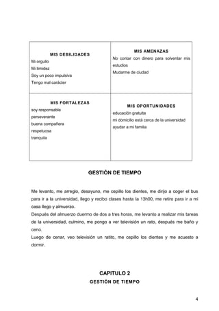 4
MIS DEBILIDADES
Mi orgullo
Mi timidez
Soy un poco impulsiva
Tengo mal carácter
MIS AMENAZAS
No contar con dinero para solventar mis
estudios
Mudarme de ciudad
MIS FORTALEZAS
soy responsable
perseverante
buena compañera
respetuosa
tranquila
MIS OPORTUNIDADES
educación gratuita
mi domicilio está cerca de la universidad
ayudar a mi familia
GESTIÓN DE TIEMPO
Me levanto, me arreglo, desayuno, me cepillo los dientes, me dirijo a coger el bus
para ir a la universidad, llego y recibo clases hasta la 13h00, me retiro para ir a mi
casa llego y almuerzo.
Después del almuerzo duermo de dos a tres horas, me levanto a realizar mis tareas
de la universidad, culmino, me pongo a ver televisión un rato, después me baño y
ceno.
Luego de cenar, veo televisión un ratito, me cepillo los dientes y me acuesto a
dormir.
CAPITULO 2
GESTIÓN DE TIEMPO
 