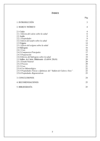 ÍNDICE 
2 
Pág. 
1. INTRODUCCIÓN 3 
2. MARCO TEÓRICO 4 
2.1 Calcio 4 
2.1.1 Efectos del calcio sobre la salud 6 
2.2 Azufre 9 
2.2.1 Propiedades 9 
2.2.2 Efecto del azufre sobre la salud 12 
2.3 Oxigeno 14 
2.3.1 Efecto del oxígeno sobre la salud 15 
2.4 Hidrogeno 16 
2.4.1 Usos 16 
2.4.2 Compuestos Principales 17 
2.4.3 Preparación 18 
2.4.4 Efectos del hidrogeno sobre la salud 18 
2.5 Sulfato de Calcio Dihidratado (CaSO4. 2H2O) 20 
2.5.1 Estado Natural 20 
2.5.2 Proceso 20 
2.5.3 Usos 21 
2.5.4 Uso Odontológico 22 
2.5.5 Propiedades Físicas y Químicas del “Sulfato de Calcio o Yeso” 22 
2.5.6 Propiedades Regenerativas 23 
3. CONCLUSIONES 24 
4. RECOMENDACIONES 25 
5. BIBLIOGRAFÍA 25 
 