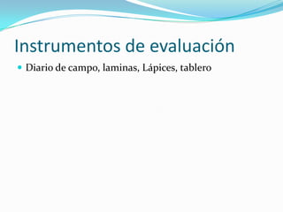 Instrumentos de evaluación
 Diario de campo, laminas, Lápices, tablero
 