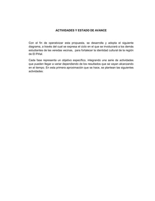 ACTIVIDADES Y ESTADO DE AVANCE



Con el fin de operativizar esta propuesta, se desarrolla y adopta el siguiente
diagrama, a través del cual se expresa el ciclo en el que se involucrará a los demás
estudiantes de las veredas vecinas, para fortalecer la identidad cultural de la región
de El Piñal.

Cada fase representa un objetivo específico, integrando una serie de actividades
que pueden llegar a variar dependiendo de los resultados que se vayan alcanzando
en el tiempo. En esta primera aproximación que se hace, se plantean las siguientes
actividades:
 
