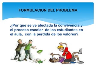 FORMULACION DEL PROBLEMA 
¿Por que se ve afectada la convivencia y 
el proceso escolar de los estudiantes en 
el aula, con la perdida de los valores? 
 
