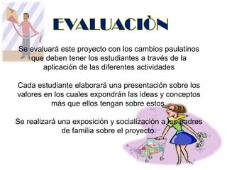 EVALUACIÒNSe evaluará este proyecto con los cambios paulatinos que deben tener los estudiantes a través de la aplicación de las diferentes actividadesCada estudiante elaborará una presentación sobre los valores en los cuales expondrán las ideas y conceptos más que ellos tengan sobre estos.Se realizará una exposición y socialización a los padres de familia sobre el proyecto.