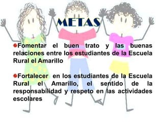METASFomentar el buen trato y las buenas relaciones entre los estudiantes de la Escuela Rural el AmarilloFortalecer  en los estudiantes de la Escuela Rural el Amarillo, el sentido de la responsabilidad y respeto en las actividades escolares