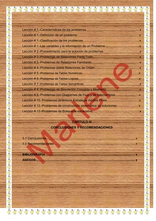 Lección # 1.-Características de los problemas……………………………………………x
Lección # 1.-Definición de un problema……………………………………………...……x
Lección # 1.-Clasificación de los problemas………………………………………………x
Lección # 1.-Las variables y la información de un Problema……………………………x
Lección # 2.-Procedimiento para la solución de problemas………………………..……x
Lección # 3.-Problemas de Relaciones Parte-Todo…………………………………...…x
Lección # 3.-Problemas de Relaciones Familiares…………………………………….…x
Lección # 4.-Problemas sobre Relaciones de Orden……………….……………………x
Lección # 5.-Problemas de Tablas Numéricas………………………………………………x
Lección # 6.-Problemas de Tablas Lógicas…………………………………….……………x
Lección # 7.-Problemas de Tablas Semánticas…………………………...…………………x
Lección # 8.-Problemas de Simulación Concreta y Abstracta……………..……………x
Lección # 9.-Problemas con Diagramas de Flujo y de Intercambios………..…………x
Lección # 10.-Problemas dinámicos Estrategia medios Fines………………….………x
Lección # 12.-Problemas de construcción sistemática de soluciones…………………x
Lección # 13.-Problemas de Búsqueda exhaustiva………………………………………x

CAPÍTULO III
CONCLUSIONES Y RECOMENDACIONES

3.1 Conclusiones ..................................................................................................... x
3.2 Recomendaciones ........................................................................................... x

BIBLIOGRAFÍA ..................................................................................................... x
ANEXOS ................................................................................................................ x

 