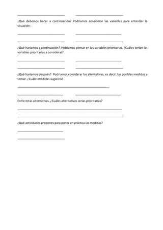 _____________________________ _____________________________
¿Qué debemos hacer a continuación? Podríamos considerar las variables para entender la
situación:
_____________________________ ____________________________
_____________________________ _____________________________
¿Qué haríamos a continuación? Podríamos pensar en las variables prioritarias. ¿Cuáles serían las
variables prioritarias a considerar?
_____________________________ ____________________________
_____________________________ _____________________________
¿Qué haríamos después? Podríamos considerar las alternativas, es decir, las posibles medidas a
tomar. ¿Cuáles medidas sugieren?
________________________________________________________
____________________________ ____________________________
Entre estas alternativas, ¿Cuáles alternativas serías prioritarias?
________________________________________________________________
_________________________________________________________________
¿Qué actividades propones para poner en práctica las medidas?
____________________________
_____________________________
 