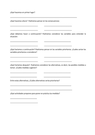 ¿Qué hacemos en primer lugar?
______________________________________________________________________
¿Qué hacemos ahora? Podríamos pensar en las consecuencias:
_____________________________ _____________________________
_____________________________ _____________________________
¿Qué debemos hacer a continuación? Podríamos considerar las variables para entender la
situación:
_____________________________ ____________________________
_____________________________ _____________________________
¿Qué haríamos a continuación? Podríamos pensar en las variables prioritarias. ¿Cuáles serían las
variables prioritarias a considerar?
_____________________________ ____________________________
_____________________________ _____________________________
¿Qué haríamos después? Podríamos considerar las alternativas, es decir, las posibles medidas a
tomar. ¿Cuáles medidas sugieren?
____________________________ ____________________________
____________________________ ____________________________
Entre estas alternativas, ¿Cuáles alternativas serías prioritarias?
________________________________________________________________
_________________________________________________________________
¿Qué actividades propones para poner en práctica las medidas?
____________________________
_____________________________
 