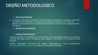 DISEÑO METODOLOGICO
 TIPO DE INVESTIGACION
 Investigación descriptiva: también conocida como la investigación estadística, describen
los datos y este debe tener un impacto en las vidas de la gente que le rodea. Por
ejemplo, la búsqueda de la enfermedad más frecuente que afecta a los trabajadores de
la empresa.
 METODO DE INVESTIGACION
 FUENTES DE INVESTIGACION
Fuentes primarias: los trabajadores de la empresa como principales fuentes a la secretaria
asistente del lugar, que es la persona que maneja la información y el control de esta
empresa.
Fuentes secundarias: Secretaria del senado, Mintrabajo.com, Corte constitucional,
www.colombianadesalud.org.co y proyectos de semestres anteriores.
 