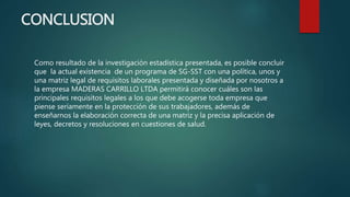 CONCLUSION
Como resultado de la investigación estadística presentada, es posible concluir
que la actual existencia de un programa de SG-SST con una política, unos y
una matriz legal de requisitos laborales presentada y diseñada por nosotros a
la empresa MADERAS CARRILLO LTDA permitirá conocer cuáles son las
principales requisitos legales a los que debe acogerse toda empresa que
piense seriamente en la protección de sus trabajadores, además de
enseñarnos la elaboración correcta de una matriz y la precisa aplicación de
leyes, decretos y resoluciones en cuestiones de salud.
 