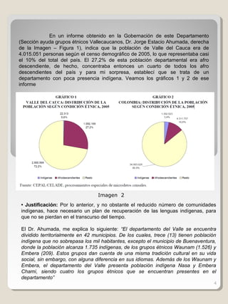 4
En un informe obtenido en la Gobernación de este Departamento
(Sección ayuda grupos étnicos Vallecaucanos, Dr. Jorge Estacio Ahumada, derecha
de la Imagen – Figura 1), indica que la población de Valle del Cauca era de
4.015.051 personas según el censo demográfico de 2005, lo que representaba casi
el 10% del total del país. El 27,2% de esta población departamental era afro
descendiente, de hecho, concentraba entonces un cuarto de todos los afro
descendientes del país y para mi sorpresa, establecí que se trata de un
departamento con poca presencia indígena. Veamos los gráficos 1 y 2 de ese
informe
Imagen 2
• Justificación: Por lo anterior, y no obstante el reducido número de comunidades
indígenas, hace necesario un plan de recuperación de las lenguas indígenas, para
que no se pierdan en el transcurso del tiempo.
El Dr. Ahumada, me explica lo siguiente: “El departamento del Valle se encuentra
dividido territorialmente en 42 municipios. De los cuales, trece (13) tienen población
indígena que no sobrepasa los mil habitantes, excepto el municipio de Buenaventura,
donde la población alcanza 1.735 indígenas, de los grupos étnicos Waunam (1.526) y
Embera (209). Estos grupos dan cuenta de una misma tradición cultural en su vida
social, sin embargo, con alguna diferencia en sus idiomas. Además de los Waunam y
Embera, el departamento del Valle presenta población indígena Nasa y Embera
Chamí, siendo cuatro los grupos étnicos que se encuentran presentes en el
departamento”
 