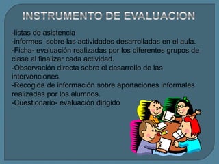 -listas de asistencia
-informes sobre las actividades desarrolladas en el aula.
-Ficha- evaluación realizadas por los diferentes grupos de
clase al finalizar cada actividad.
-Observación directa sobre el desarrollo de las
intervenciones.
-Recogida de información sobre aportaciones informales
realizadas por los alumnos.
-Cuestionario- evaluación dirigido
 