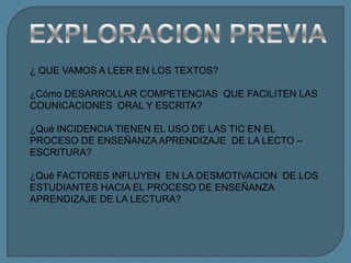 ¿ QUE VAMOS A LEER EN LOS TEXTOS?

¿Cómo DESARROLLAR COMPETENCIAS QUE FACILITEN LAS
COUNICACIONES ORAL Y ESCRITA?

¿Qué INCIDENCIA TIENEN EL USO DE LAS TIC EN EL
PROCESO DE ENSEÑANZA APRENDIZAJE DE LA LECTO –
ESCRITURA?

¿Qué FACTORES INFLUYEN EN LA DESMOTIVACION DE LOS
ESTUDIANTES HACIA EL PROCESO DE ENSEÑANZA
APRENDIZAJE DE LA LECTURA?
 