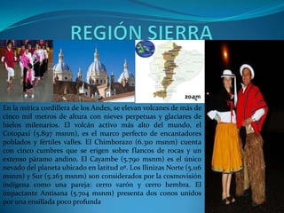 En la mítica cordillera de los Andes, se elevan volcanes de más de
cinco mil metros de altura con nieves perpetuas y glaciares de
hielos milenarios. El volcán activo más alto del mundo, el
Cotopaxi (5.897 msnm), es el marco perfecto de encantadores
poblados y fértiles valles. El Chimborazo (6.310 msnm) cuenta
con cinco cumbres que se erigen sobre flancos de rocas y un
extenso páramo andino. El Cayambe (5.790 msnm) es el único
nevado del planeta ubicado en latitud 0º. Los Ilinizas Norte (5.116
msnm) y Sur (5.263 msnm) son considerados por la cosmovisión
indígena como una pareja: cerro varón y cerro hembra. El
impactante Antisana (5.704 msnm) presenta dos conos unidos
por una ensillada poco profunda
 