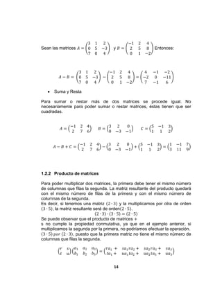 14
Sean las matrices 𝐴 =
3 1 2
0 5 −3
7 0 4
y 𝐵 =
−1 2 4
2 5 8
0 1 −2
Entonces:
𝐴 − 𝐵 =
3 1 2
0 5 −3
7 0 4
−
−1 2 4
2 5 8
0 1 −2
=
4 −1 −2
−2 0 −11
7 −1 6
 Suma y Resta
Para sumar o restar más de dos matrices se procede igual. No
necesariamente para poder sumar o restar matrices, éstas tienen que ser
cuadradas.
𝐴 =
−1 2 4
2 7 6
𝐵 =
3 2 0
0 −3 −1
𝐶 =
5 −1 3
1 1 2
𝐴 − 𝐵 + 𝐶 =
−1 2 4
2 7 6
−
3 2 0
0 −3 −1
+
5 −1 3
1 1 2
=
1 −1 7
3 11 9
1.2.2 Producto de matrices
Para poder multiplicar dos matrices, la primera debe tener el mismo número
de columnas que filas la segunda. La matriz resultante del producto quedará
con el mismo número de filas de la primera y con el mismo número de
columnas de la segunda.
Es decir, si tenemos una matriz 2 ∙ 3 y la multiplicamos por otra de orden
3 ∙ 5 , la matriz resultante será de orden 2 ∙ 5 .
2 ∙ 3 ∙ 3 ∙ 5 = 2 ∙ 5
Se puede observar que el producto de matrices +
s no cumple la propiedad conmutativa, ya que en el ejemplo anterior, si
multiplicamos la segunda por la primera, no podríamos efectuar la operación.
3 ∙ 5 𝑝𝑜𝑟 2 ∙ 3 , puesto que la primera matriz no tiene el mismo número de
columnas que filas la segunda.
𝑟 𝑠
𝑡 𝑢
𝑎1 𝑎2 𝑎3
𝑏1 𝑏2 𝑏3
=
𝑟𝑎1 + 𝑠𝑎1
𝑡𝑎1 + 𝑢𝑎1
𝑟𝑎2 + 𝑠𝑎2
𝑡𝑎2 + 𝑢𝑎2
𝑟𝑎3 + 𝑠𝑎3
𝑡𝑎3 + 𝑢𝑎3
 