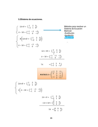 21
3.2Sistema de ecuaciones.
2𝐴+𝐵 =
1 2 2
−2 1 0
𝐴 − 3𝐵 =
−1 −3 −2
−1 0 −1
𝟑 2𝐴+𝐵 =
1 2 2
−2 1 0
𝐴 − 3𝐵 =
−1 −3 −2
−1 0 −1
6𝐴 + 3𝐵 =
3 6 6
−6 3 0
+
𝐴 − 3𝐵 =
−1 −3 −2
−1 0 −1
7𝐴 =
−1 3 4
−7 3 −1
𝑴𝑨𝑻𝑹𝑰𝒁 𝑨 =
−1
7
3
7
4
7
−1
3
7
−1
7
2𝐴+𝐵 =
1 2 2
−2 1 0
2 𝐴 − 3𝐵 =
−1 −3 −2
−1 0 −1
2𝐴 + 𝐵 =
1 2 2
−2 1 0
+
−2𝐴 + 6𝐵 =
8 6 4
2 0 2
7𝐵 =
9 8 6
0 1 2
Métodos para resolver un
Sistema de Ecuación
Matricial:
-Sustitución
-Igualación
-Reducción.
-
 