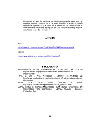 26
- Mediantes el uso de matrices también es necesario saber que se
pueden resolver, sistema de ecuaciones lineales, además se puede
resaltar la importancia que tiene en la resolución de problemas de la
vida cotidiana con lo que se llega a dar una solución exacta y mejores
resultados en un determinado proceso.
ANEXOS.
Video.
https://www.youtube.com/watch?v=8Z6uyrD7Qx4&feature=youtu.be
Manual
https://www.slideshare.net/secret/UM3pHhadJgpiE
BIBLIOGRAFÍA.
MatematicasXV. (2009). Recuperado el 28 de Julio del 2015 de
http://sureyma.blogspot.com/2009/10/33-clasificacion-de-la-
matrices.html
Parra, S. (2007). WSL WeblogsSL . Obtenido de Weblogs SL:
http://www.xatakaciencia.com/matematicas/definicion-y-algunos-tipos-
de-matrices
Vitutor, SLU. (2010). Vitutor. Obtenido de Vitutor:
http://www.vitutor.com/algebra/matrices/las_matrices.html
ESPOL Instituto de Ciencias Matematicas - ICM. (2006). Fundamentos De
Matemáticas Para Bachillerato - ESPOL. Guayas - Ecuador:
Poligrafica C.A.
 